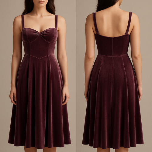A soft romantic velvet midi dress with a gently rounded sweetheart neckline and soft structured bust cups. The bust has a subtle 1 cm gathering along the top edge, creating a delicate, feminine curve. Medium-width straps (1.2–1.5 cm) extend from the cups toward the back, elegant and supportive. The dress features an empire waist with a softly curved V-shaped waistband that narrows the waist and elongates the upper body. Below the waistband, a flowy A-line midi skirt begins, with 6 to 8 soft pleats that add movement without adding bulk at the hips. The skirt falls to mid-calf length on a 1m64 woman, with a light, luxurious drape. Fabric is stretch silk velvet in berry mauve (or smoky plum), rich and soft with a subtle sheen. Back has a shallow U-shape neckline above bra level, medium straps attached symmetrically, and an invisible zipper in the center back. The overall style is romantic, elegant, vintage-inspired with a modern Y2K softness, flattering for a pear-shaped body with a 75C bust.