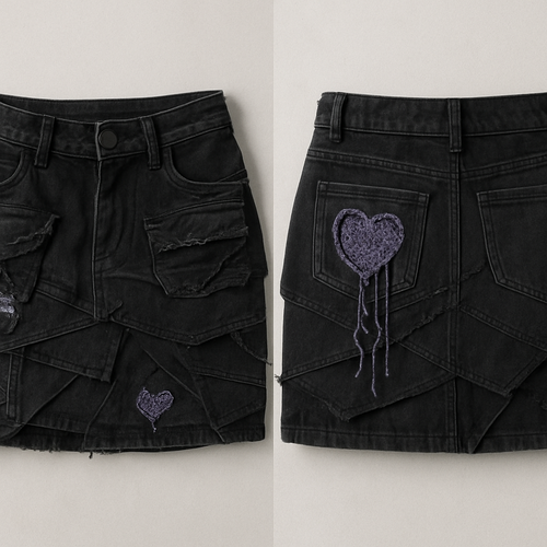 a black cargo mini skirt with rips on the pockets, multiple layers of fabric in geometric shapes, and some denim-colored threads and tears. on the back pocket, there’s a heart-shaped cutout with purple crochet sewn inside and some cotton threads hanging down. it should be low-waisted with pockets, very short, and have small crochet hearts sewn on the sides.