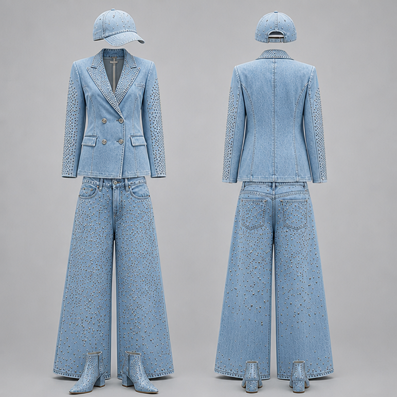 Make this in light blue denim
edit the attached fashion design with these instructions: Make this in light blue denim. keep it photorealistic, just the design no text