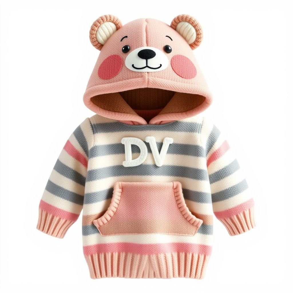 Make me a baby outfit, Baby Boy Cartoon Bear Striped Knitted Romper. With “DV” on it
Design a cozy baby boy’s outfit featuring a soft, striped knitted romper in pastel hues. Adorn it with an adorable cartoon bear theme, complete with oversized ears on the hood. Incorporate the initials “DV” in a fun, playful font on the front pocket, creating a trendy yet comfortable casual look for little ones.