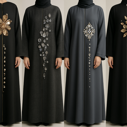 Create a modest abaya that's the first of its kind, featuring a unique stone design that exudes a classy and sophisticated vibe. I'd like four designs, each showcasing different styles and fabrics.Incorporate high-end, unique chic stone designs to make them truly special. And add little cute touch of sophisticated stone designs. Add huge flower and unique designs.