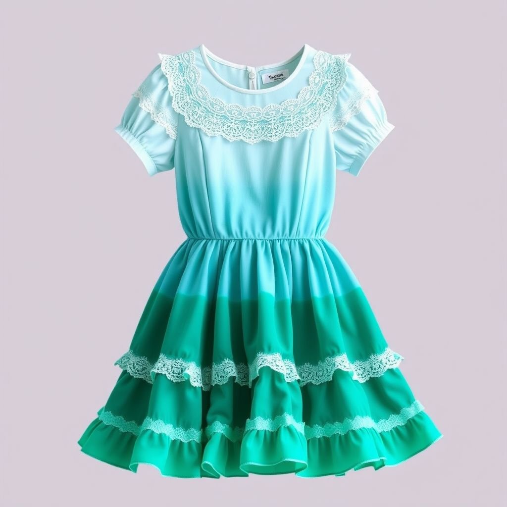 Cute short sleeve light blue dress with that fads in to teal and then into green
Design a cute short-sleeve dress in a gradient of soothing colors, starting with soft light blue at the shoulders, fading into vibrant teal at the waist, and culminating in deep emerald green at the hem. Incorporate delicate lace trims and whimsical ruffles, offering a playful yet elegant vibe perfect for spring outings.