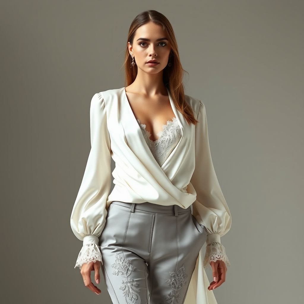 AI fashion design of a Off-white satin tunic with leg-of-mutton sleeves and lace balconette underneath with Ash grey futuristic very tight fit jodhpurs with lace details
Envision a striking ensemble featuring an off-white satin tunic, elegantly draped with dramatic leg-of-mutton sleeves, revealing delicate lace balconette underneath for a hint of romance. Paired with ash-grey futuristic jodhpurs, tailored to perfection with intricate lace detailing, this look fuses vintage allure with modern sophistication, ideal for a bold fashion statement.