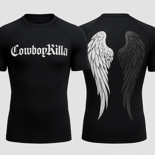 Black base short sleeve compression jujitsu rash guard shirt. 2 angle wings on the back, one white and the other dark gray. Make the wings kinda form a shape of a heart without making it too obnoxious so the wings look natural still 

Little less of a heart shape and make the wings come down almost to the bottom of the shirt 

 Can you write CowboyKilla on the wrong 
