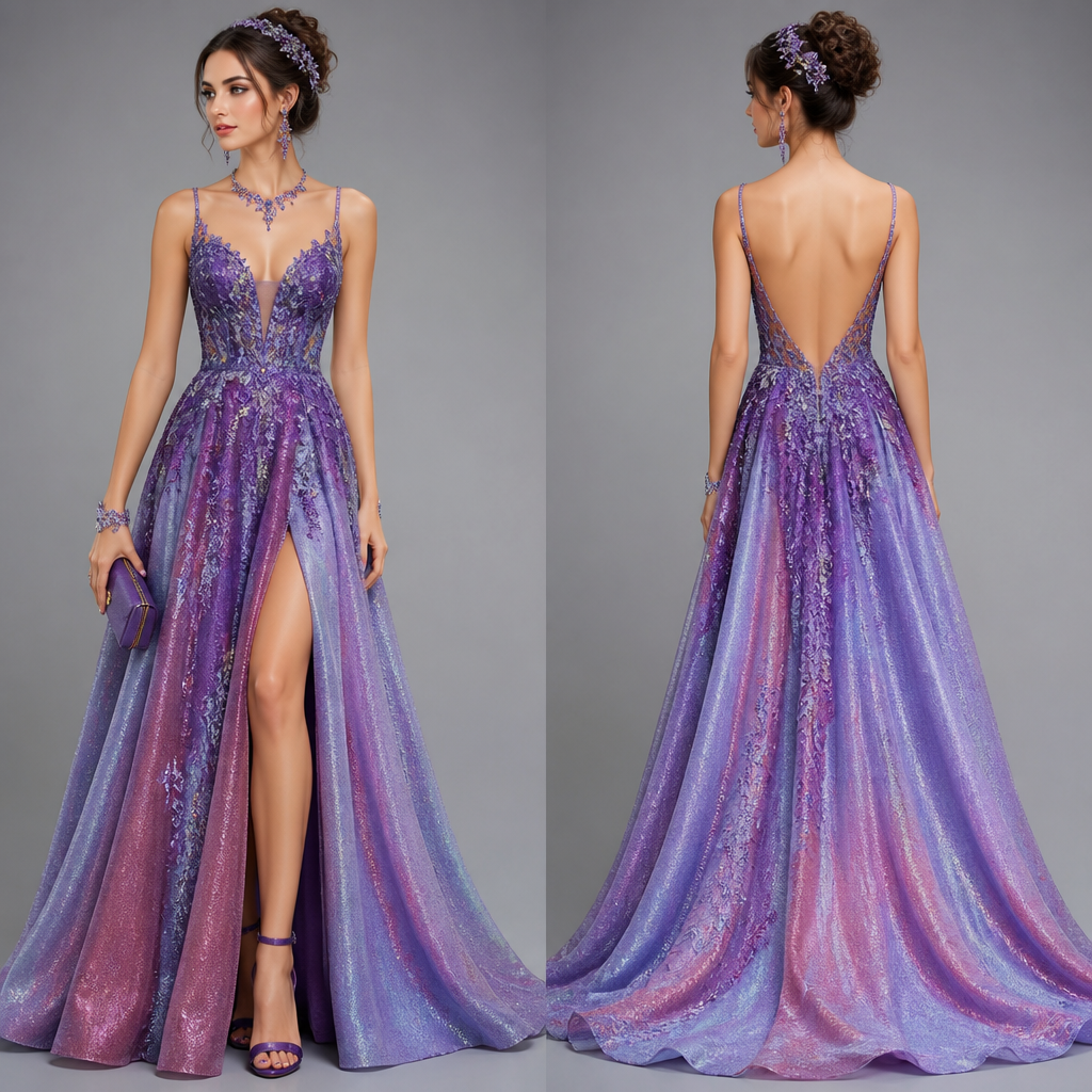 Purple prom dress with accessories
photorealistic fashion design, Purple prom dress with accessories, colorful style, just the design no text, show front and back