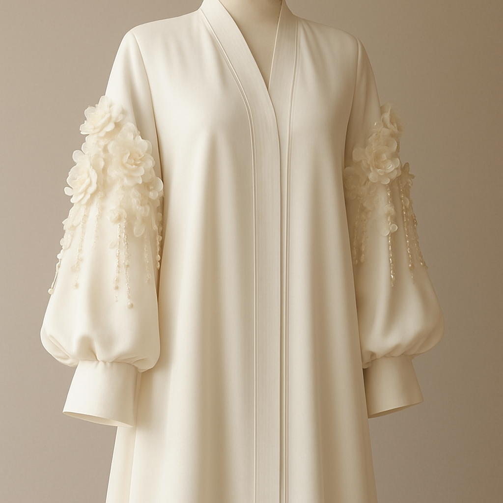 The Pearl Blossom Aura Abaya
Tone: Ivory or cream gold
Design:
Soft 3D blossoms around the sleeves, paired with delicate pearl strings hanging lightly.
Embellishment:
Creamy pearls + small champagne crystals.
Vibe: Bridal, gentle, luxurious purity.
The Pearl Blossom Aura Abaya
Tone: Ivory or cream gold
Design:
Soft 3D blossoms around the sleeves, paired with delicate pearl strings hanging lightly.
Embellishment:
Creamy pearls + small champagne crystals.
Vibe: Bridal, gentle, luxurious purity.