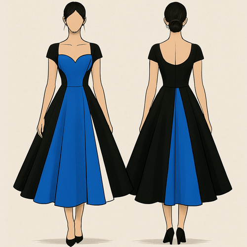 Church dress with a touch of flare and a sweetheart and a colour of blue, black and white 