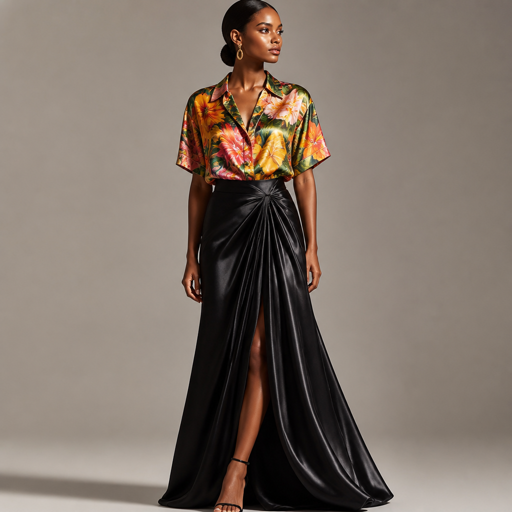 A Female Dress design, suitable for Summer. hey beautiful tropical colorful shining shirt with a long shaney beautiful black skirt
photorealistic fashion design, A Female Dress design, suitable for Summer. hey beautiful tropical colorful shining shirt with a long shaney beautiful black skirt, just the design no text