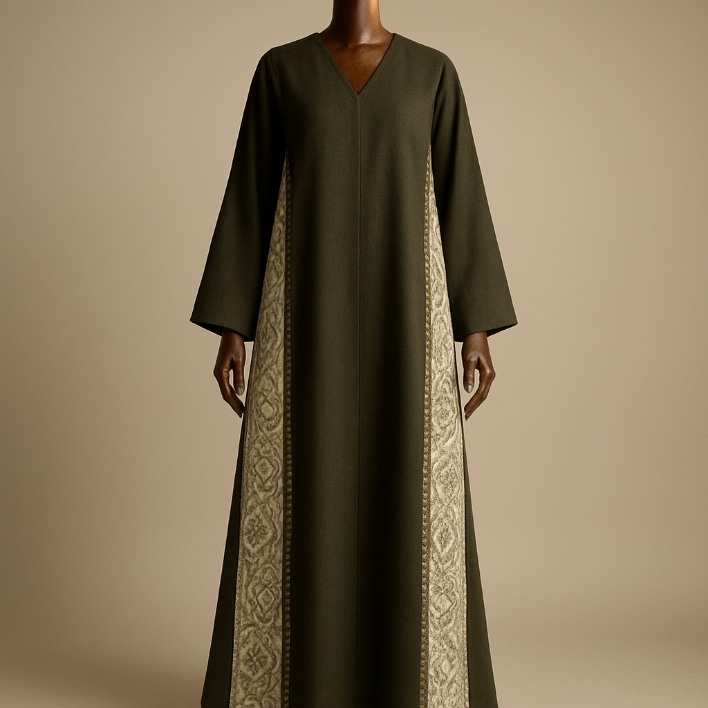 (photorealistic)
"Photorealistic full-length fashion photograph of an ankle-length dark olive green abaya v cut from front displayed on a luxurious polished wooden mannequin. The abaya features long side slits from underarm to ankle with an external Kashmiri patterned panel attached to the outer edge of each slit; the Kashmiri panel is jacquard/textured paisley in complementary-ivory white with little olive touches tones. A narrow Najdi geometric embroidery (2–2.5 cm wide) in matte antique-gold thread runs along the outer edge of each panel, with small repeating motifs spaced every 10–15 cm — embroidery visible down to the ankle. Silhouette: straight A-line, soft drape, lightweight wool-blend, lightly lined. Styling: clean neutral studio background, soft directional warm light, full-length view showing panels to the ankle, high-detail texture and fabric realism. Camera: 35mm perspective, shallow depth of field (f/4), high-resolution output (4k)."
(photorealistic)
"Photorealistic full-length fashion photograph of an ankle-length dark olive green abaya v cut from front displayed on a luxurious polished wooden mannequin. The abaya features long side slits from underarm to ankle with an external Kashmiri patterned panel attached to the outer edge of each slit; the Kashmiri panel is jacquard/textured paisley in complementary-ivory white with little olive touches tones. A narrow Najdi geometric embroidery (2–2.5 cm wide) in matte antique-gold thread runs along the outer edge of each panel, with small repeating motifs spaced every 10–15 cm — embroidery visible down to the ankle. Silhouette: straight A-line, soft drape, lightweight wool-blend, lightly lined. Styling: clean neutral studio background, soft directional warm light, full-length view showing panels to the ankle, high-detail texture and fabric realism. Camera: 35mm perspective, shallow depth of field (f/4), high-resolution output (4k)."
, show front and back
