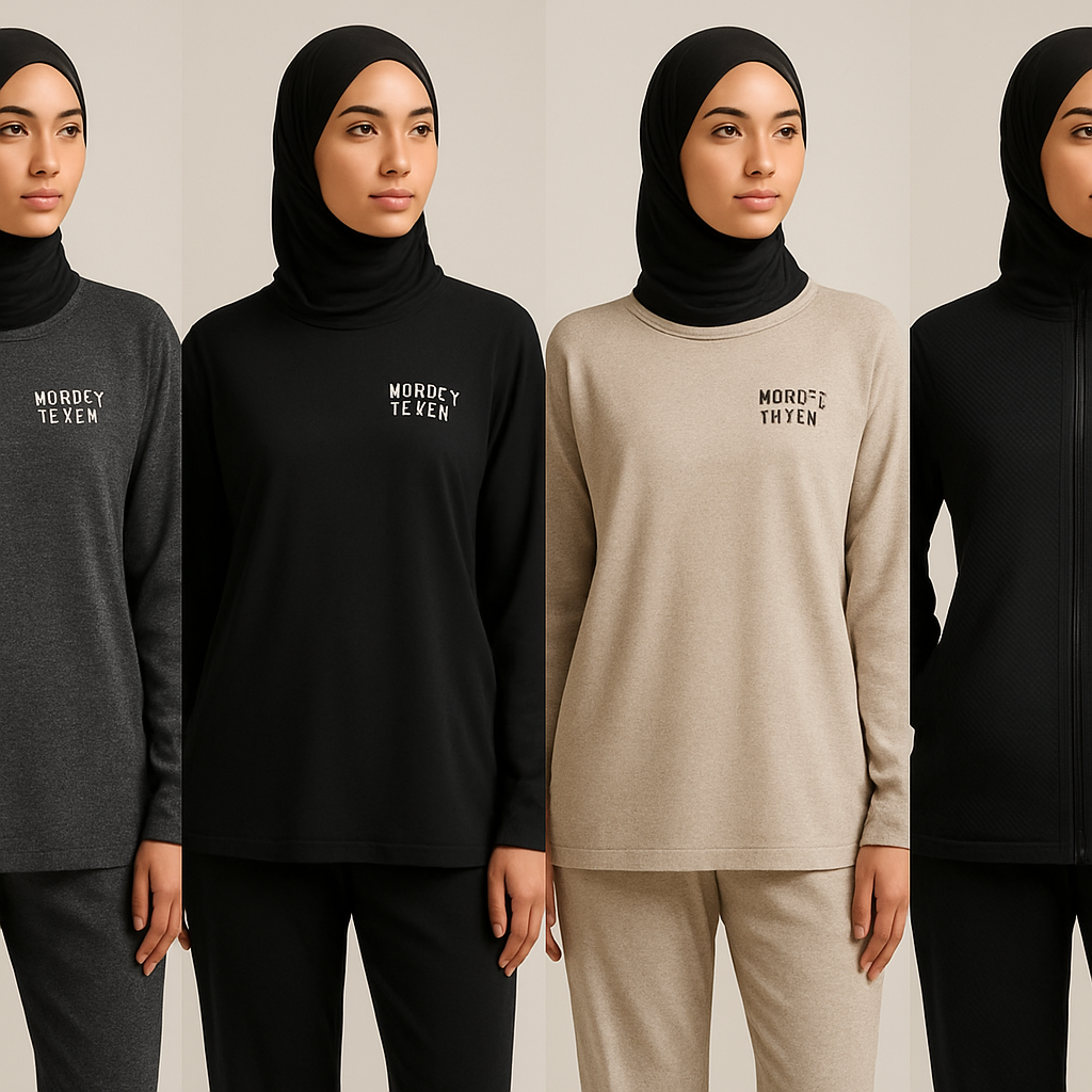 Create a revolutionary women’s modest loose gym wear brand called “Modest Fleur”. Display the brand name on the garments in a unique design on the upper right side, in small thick writing that exudes a classy and sophisticated vibe. I’d like four designs, each showcasing different styles and fabrics, with high-end, unique chic designs to make them truly special.
Create a revolutionary women’s modest loose gym wear brand called “Modest Fleur”. Display the brand name on the garments in a unique design on the upper right side, in small thick writing that exudes a classy and sophisticated vibe. I’d like four designs, each showcasing different styles and fabrics, with high-end, unique chic designs to make them truly special.