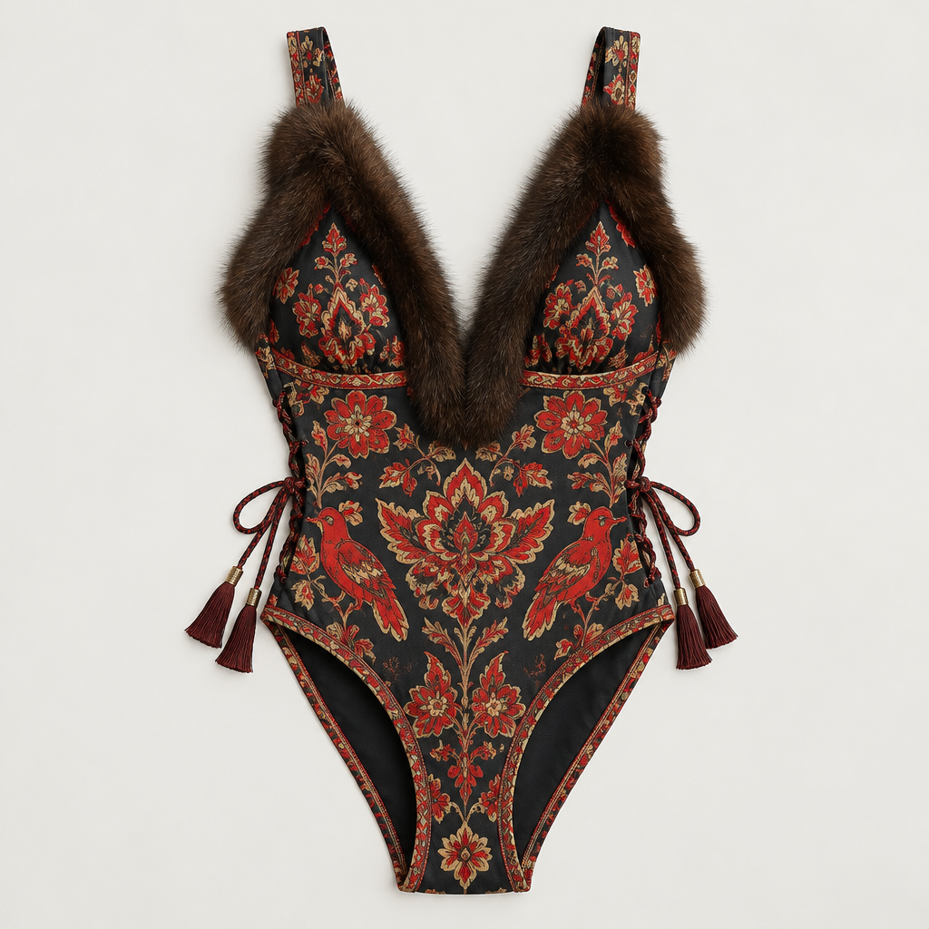 A Swimwear design. Consider Russian fashion — fur and layering traditions, bold patterns, mix of European elegance and Slavic folk motifs. Current season is Autumn in Russia. Present it as professional fashion catalogue photography: the garment is the subject, shown full-length with editorial styling, neutral posing and tasteful, non-suggestive framing.
photorealistic fashion design, A Swimwear design. Consider Russian fashion — fur and layering traditions, bold patterns, mix of European elegance and Slavic folk motifs. Current season is Autumn in Russia. Present it as professional fashion catalogue photography: the garment is the subject, shown full-length with editorial styling, neutral posing and tasteful, non-suggestive framing., just the design no text