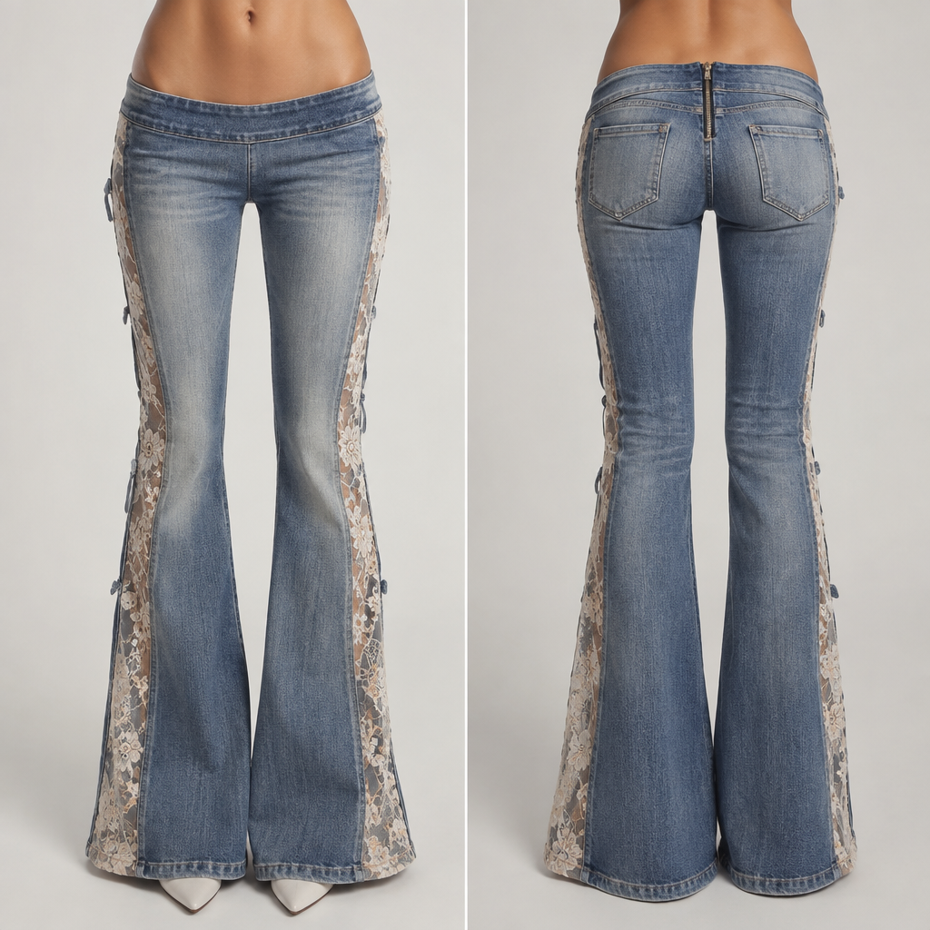 Low rise jeans tight flared really flattering no buttons in the front but a zip in the back with Lacey sides
photorealistic fashion design, Low rise jeans tight flared really flattering no buttons in the front but a zip in the back with Lacey sides , denim style, just the design no text, show front and back