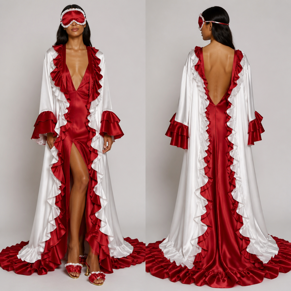 Red and white satin long robe full ruffles around the collar down to
The floor that wraps matching gown satin deep v in the back and a matching slipper satin slippers gold heels and eye mask matching the robe , gown , slipper
photorealistic fashion design, Red and white satin long robe full ruffles around the collar down to
The floor that wraps matching gown satin deep v in the back and a matching slipper satin slippers gold heels and eye mask matching the robe , gown , slipper, sleepwear style, just the design no text, show front and back