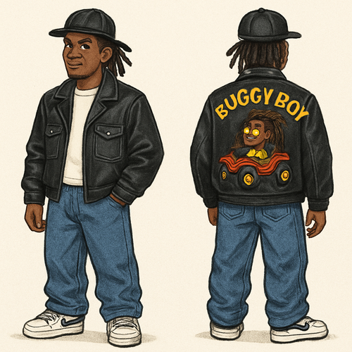 Black man wearing Buggy boy leather jacket in 90’s fashion street wear with a brown skin cartoon character with dreads in a dune buggy 
