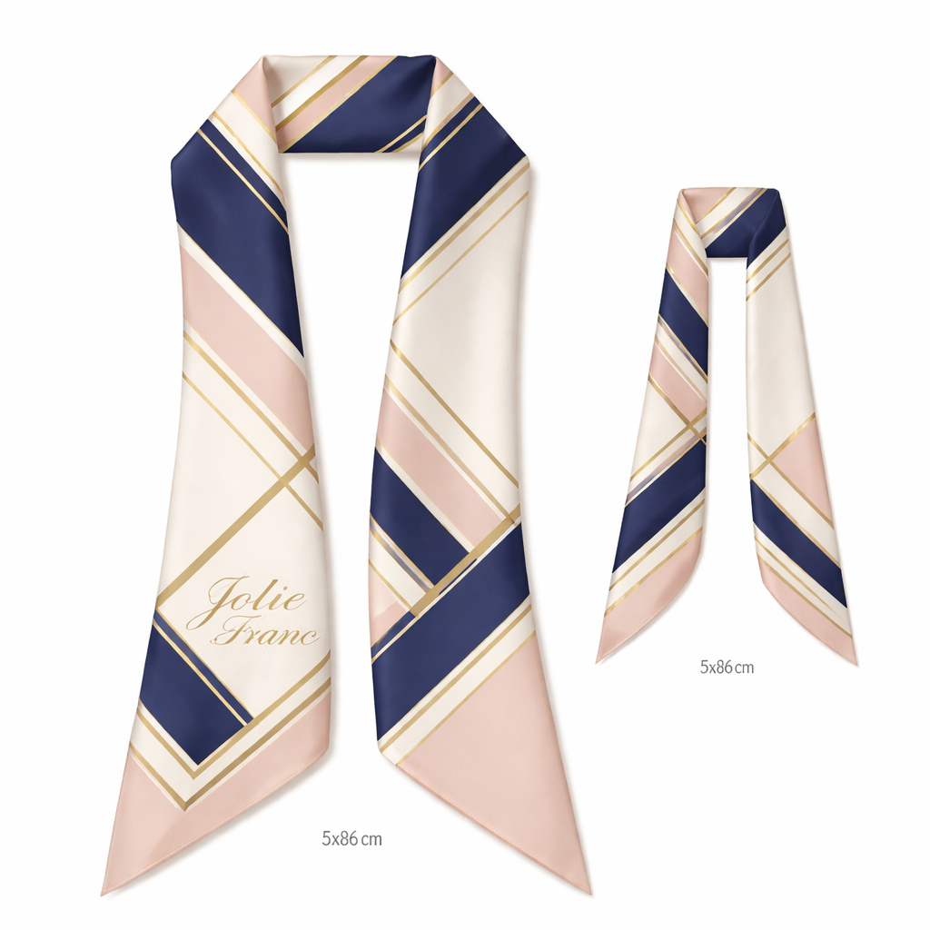 Design me a silk scarf that is 5x 86cm to be wrapped on the top handle of a handbag. It need to be iconic for my brand Jolie Franc. It would be classic geometric and tailored
More simple and more iconic . It needs to be Jolie Francs identifiable signature look no chains. Try to create a feminine Ralph Lauren look. Softer
Design me a silk scarf that is 5x 86cm to be wrapped on the top handle of a handbag. It need to be iconic for my brand Jolie Franc. It would be classic geometric and tailored
More simple and more iconic . It needs to be Jolie Francs identifiable signature look no chains. Try to create a feminine Ralph Lauren look. Softer, classic style, show front and back