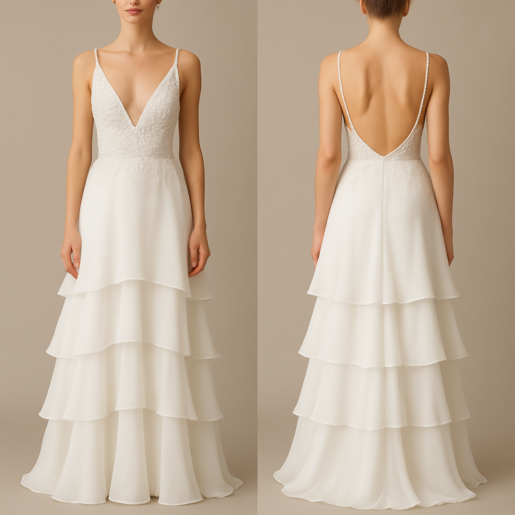 Low cut evening dress. White with white beading embroidery in the middle part and a tiered ruffle long maxi skirt
Low cut evening dress. White with white beading embroidery in the middle part and a tiered ruffle long maxi skirt , glamorous style, show front and back