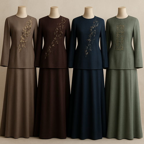 Create me modest two piece that's first in the world, using unique stone design, classy and sophisticated. Keep me 4 designs. Make them rich by adding minimal stone embroidery and stones designs. Showcasing different styles and fabric.