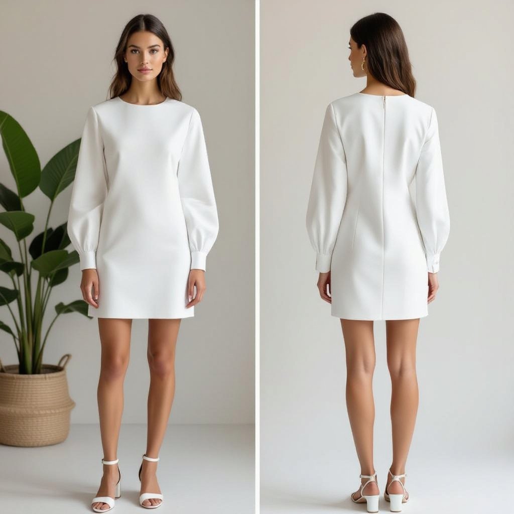 Please no background picture only white background No backgroung picture and no funny hats and white background always when creating my dress please and no funny hats just hairstyles. and only one picture of the style front and back A very short dress with long sleeves in white and very sexy for night out
Minimalist fashion: Sleek white mini dress in cotton, long sleeves. Clean lines, simple silhouette. Front and back view on white background.