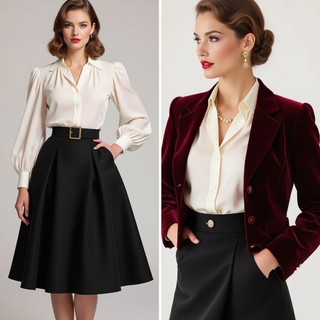 Vintage outfit
Vintage outfit, featuring an A-line wool skirt, a tailored silk blouse with puffed sleeves, and a velvet fitted jacket.