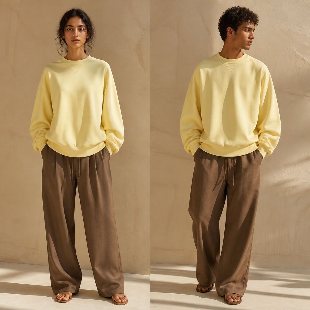 A Unisex Dress design, suitable for Summer. sweat shirt color light yellow and pants color brown. Egypt fashion aesthetics.
photorealistic fashion design, A Unisex Dress design, suitable for Summer. sweat shirt color light yellow and pants color brown. Egypt fashion aesthetics., just the design no text