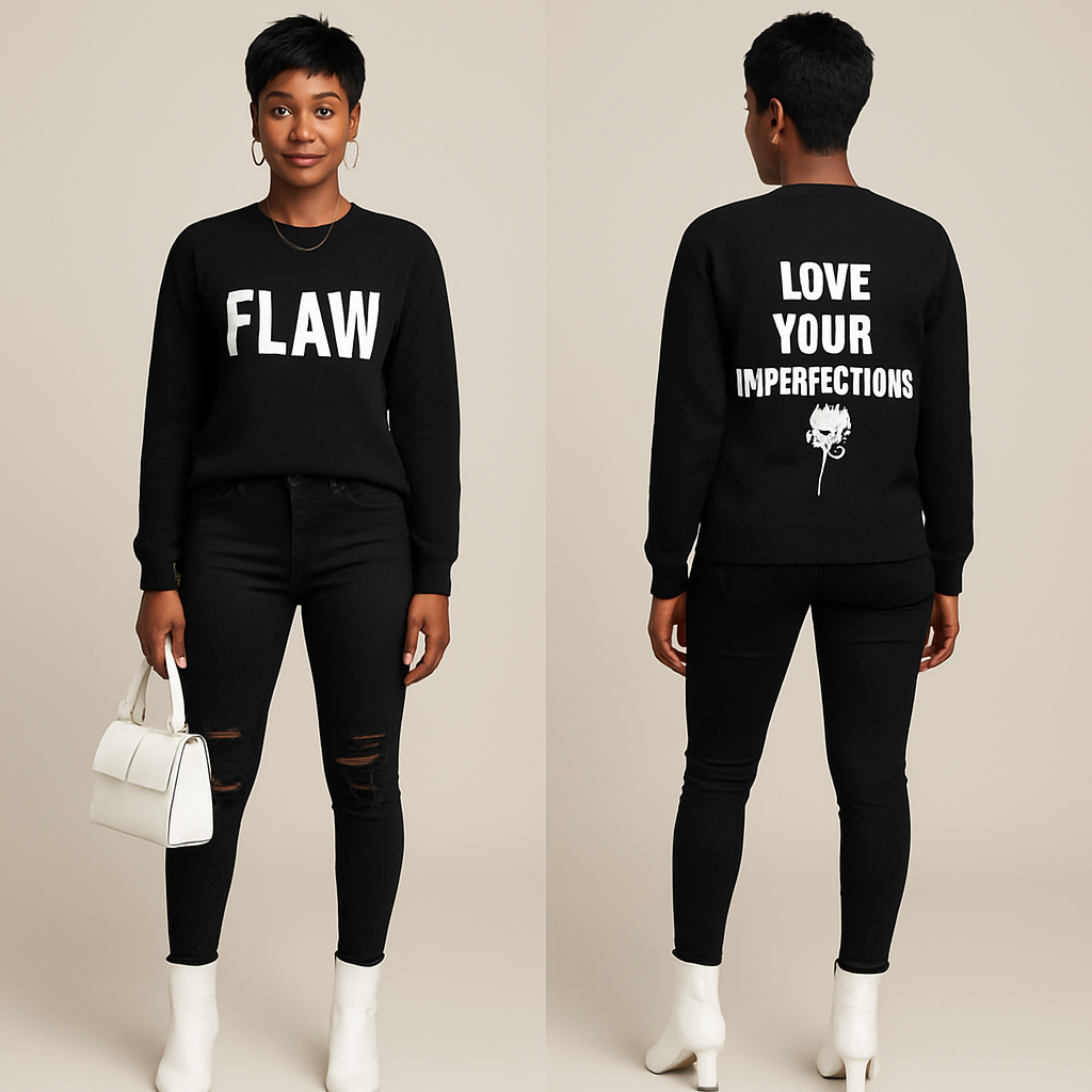 Black woman
Pixie cut
Black Long sleeve sweater shirt on the front it says Flaw in white and on the back it says in white Love Your Imperfections 🌹
Tight black ripped jeans
White boot heels
Good jewelry
White purse
Black woman
Pixie cut
Black Long sleeve sweater shirt on the front it says Flaw in white and on the back it says in white Love Your Imperfections 🌹
Tight black ripped jeans
White boot heels
Good jewelry
White purse
, show front and back