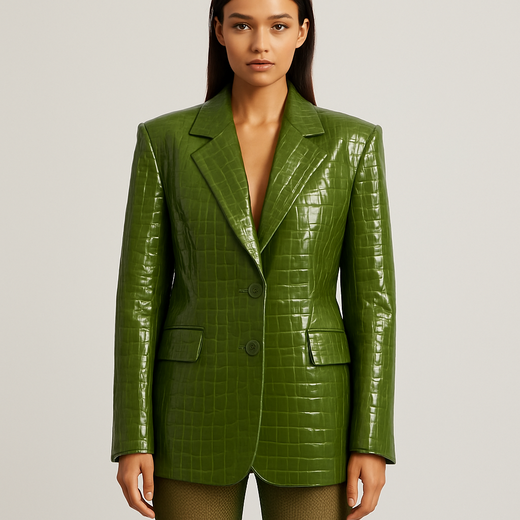 Can you make a leather oversized blazer crocodile print coming to the mid thigh in olive green with shoulder pads
Can you change it to high gloss shine and a lighter shade of olive and show it on a model with bare legs
Can you make the crocodile print more detailed and change the shade to a more shade green and pair it with the same colour mesh trousers
Can you make a leather oversized blazer crocodile print coming to the mid thigh in olive green with shoulder pads
Can you change it to high gloss shine and a lighter shade of olive and show it on a model with bare legs
Can you make the crocodile print more detailed and change the shade to a more shade green and pair it with the same colour mesh trousers