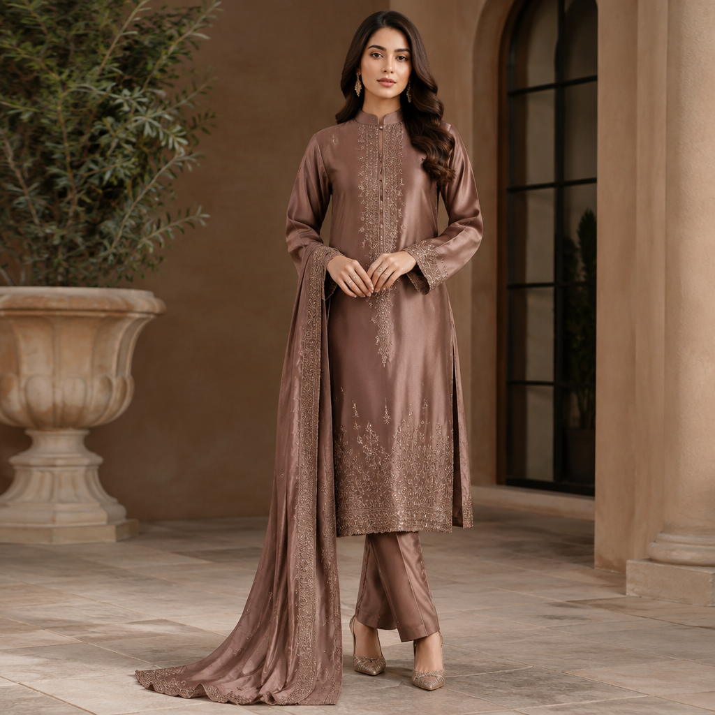 A Female Salwar Kameez design, made of Satin, with a Tailored silhouette, with modest, full coverage: longer hemlines, higher necklines and covered shoulders, suitable for Fall. SY fashion aesthetics. Present it as professional fashion catalogue photography: the garment is the subject, shown full-length with editorial styling, neutral posing and tasteful, non-suggestive framing.
photorealistic fashion design, A Female Salwar Kameez design, made of Satin, with a Tailored silhouette, with modest, full coverage: longer hemlines, higher necklines and covered shoulders, suitable for Fall. SY fashion aesthetics. Present it as professional fashion catalogue photography: the garment is the subject, shown full-length with editorial styling, neutral posing and tasteful, non-suggestive framing., just the design no text