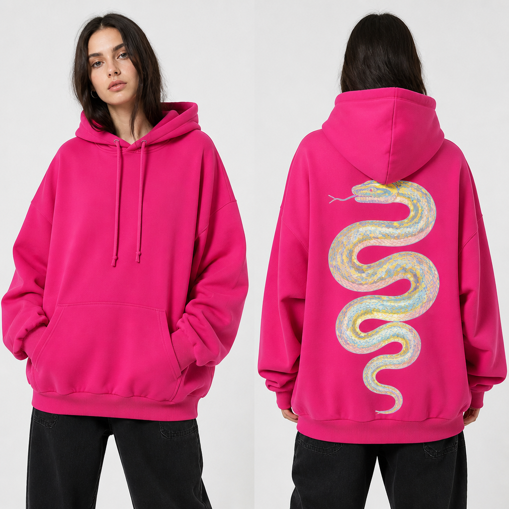 A female model
A baggy oversized fuchsia sweatshirt with a hoodie and drawstrings with a butter yellow and icy blue snake on the back
photorealistic fashion design, A female model
A baggy oversized fuchsia sweatshirt with a hoodie and drawstrings with a butter yellow and icy blue snake on the back, streetwear style, just the design no text, show front and back