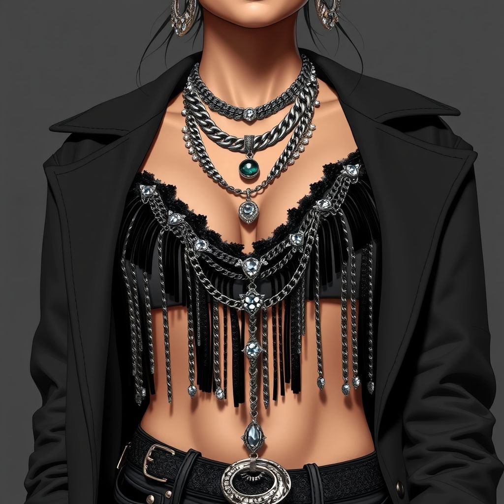 Create a cowboy Carter inspired wine bralette with chains, fringes around the front, jewelries, crystal stones to be worn inside a jacket, show only the bralette and make the stones and chain on the bralette, shorter fringes and more street style and give it an elevated couture look
Design a streetwear-inspired cowboy Carter bralette featuring edgy chains and shorter fringes that create a bold silhouette. Embellished with shimmering crystal stones and layered jewelry, this piece conveys a gritty urban vibe. Its integration with a sleek, oversized jacket offers a luxurious couture touch, merging high fashion with a rebellious spirit.