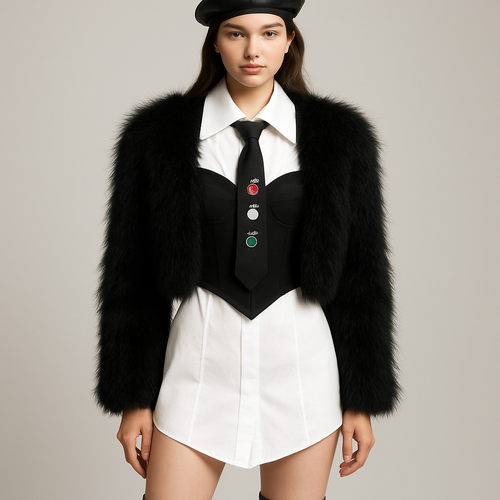 Can you do a white fitted shirt dress with a large collar, with a black slightly crop corset top with thin straps over it, and a black tie with knee high boots
Longer corset with cup details and the shirt dress slightly shorter coming down in a slight v shape at the front and three big jewels going down vertically on the tie
Remove lines on shirt and hide buttons
Shirt slightly shorter
Can you put a crop black furry faux jacket over it
Jacket more fluffy and boxy
Perfect just jacket more fluffy longer fluff hairs
Slight more v shape in front end of shirt
Can you put leather beret on head
Change the buttons on the tie to jewels silver pink and emerald green