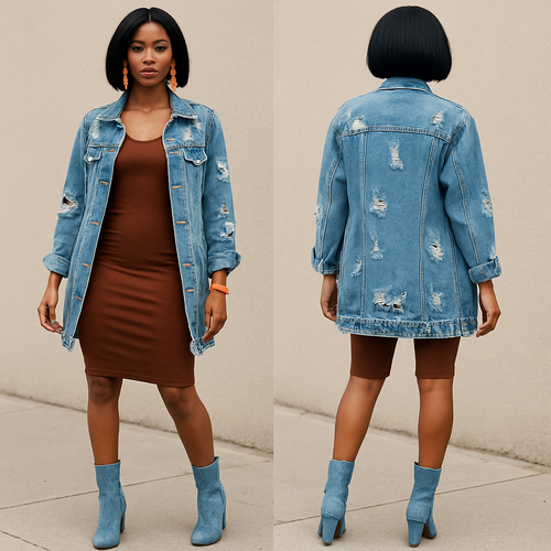 Black woman
Bodycon brown dress 
Long ripped blue jean jacket 
Orange earrings and bracelet 
Bob 
Blue Jean boot heels 
