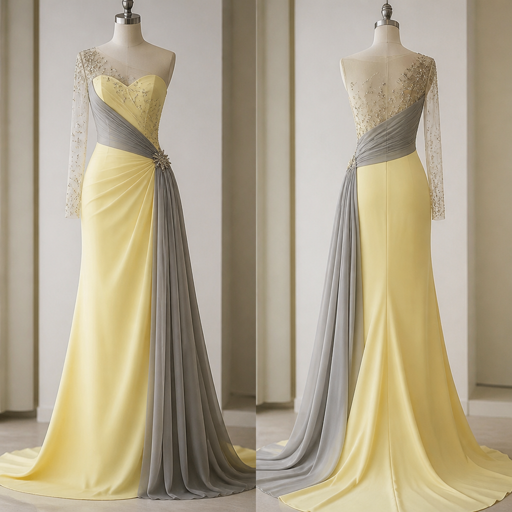 in Elegant + Glamorous style. with butter yellow and ash
photorealistic fashion design, in Elegant + Glamorous style. with butter yellow and ash, elegant style, just the design no text, show front and back