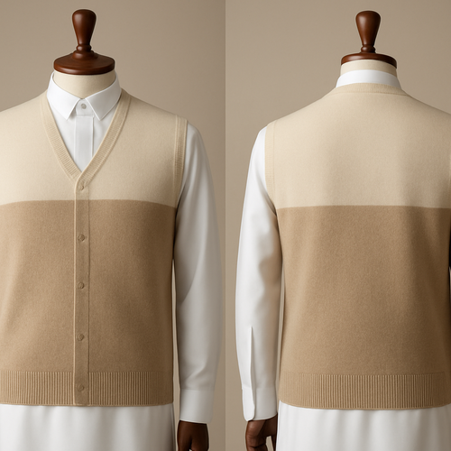 
‏Prompt 1 — Minimal Classic (Ivory / Warm Beige)
‏Photorealistic two-tone cashmere vest with a clean V-neck and horizontal chest color split; top Ivory and bottom Warm Beige; ultra-fine matte cashmere texture, 1cm narrow ribbing, hidden buttons; subtle tonal jacquard inside collar; worn over a pristine white Saudi thobe visible underneath; displayed on an elegant polished wooden mannequin; soft studio lighting; neutral seamless background; editorial fashion photography, high-detail fabric.