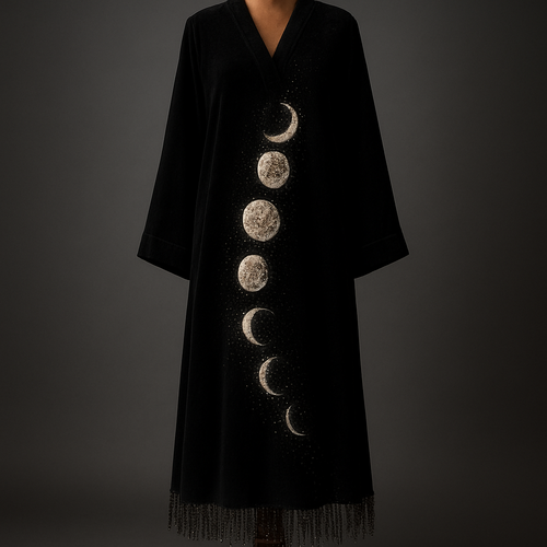 Air هنا — ها هي 10 أفكار إضافية برومبتات بالإنجليزية، كلومبت جاهزستخدام لعرض التصميم مانيكان خشبي فاخر مع ظهور إلى الكاحل إذا تريديهم بصيغة أقصر أو ملف واحد جاهز لـ Midjourney/Stable Diffusion أخبريني. 😊

1) Moonphase cascade  
Photorealistic full-length black velvet ankle-length abaya on a luxurious polished dark-walnut wooden mannequin with carved pedestal, ankle visible; crescent and full moon motif running diagonally from shoulder to hem made from layered pearlescent crystals and matte gunmetal beads, subtle glow effect around moons, airy trailing bead fringe at hem. Studio: soft warm key + rim light, neutral charcoal gradient background, ultra-detailed fabric texture. (Midjourney: --ar 2:3 --v 5 --q 2 --stylize 750)
sparkle. (Midjourney: --ar 2:3 --v 5 --q 2)
