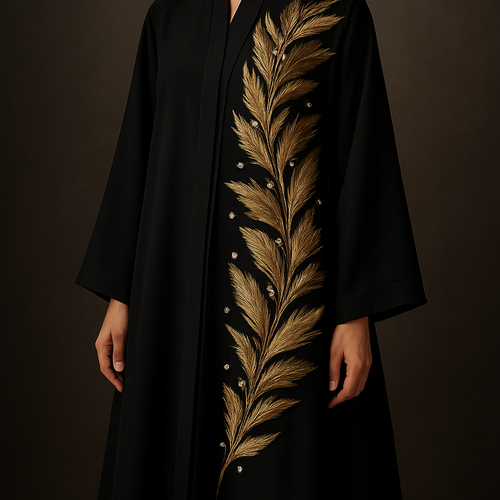 The Golden Feather Bloom Abaya
Tone: Onyx black
Design:
Handmade metallic gold feather petals arranged across one side with delicate embroidery.
Embellishment:
Champagne stones placed between feathers for a couture glow.
Vibe: Dramatic couture with modern softness.