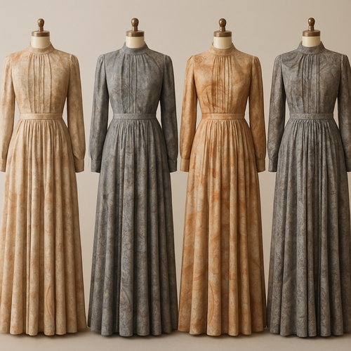 Create a modest two-piece long dress and shirt using symmetric pleat and silk, the first of its kind, featuring a unique stone design that exudes a classy and sophisticated vibe. I'd like four designs, each showcasing different styles and fabrics. Incorporate high-end, unique chic stone designs to make them truly special. Add little sophisticated stone designs.