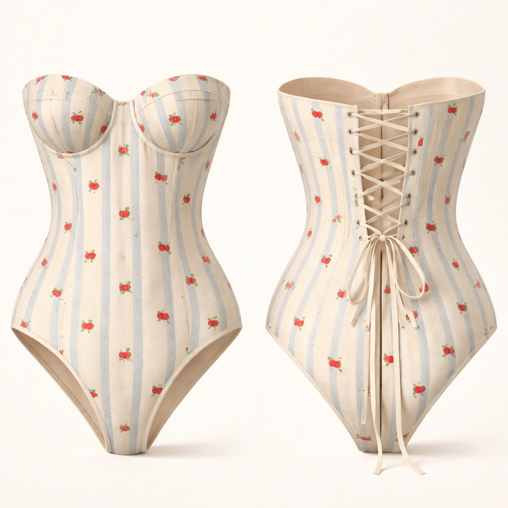 Bodysuit shape wear g string no ai model strapless corset tie at the back ribbon at the back to tie up no lines just no bow just string other way around and no back open little red apples cream and blue stripes going down no ruffles
Bodysuit shape wear g string no ai model strapless corset tie at the back ribbon at the back to tie up no lines just no bow just string other way around and no back open little red apples cream and blue stripes going down no ruffles , cottagecore style, show front and back