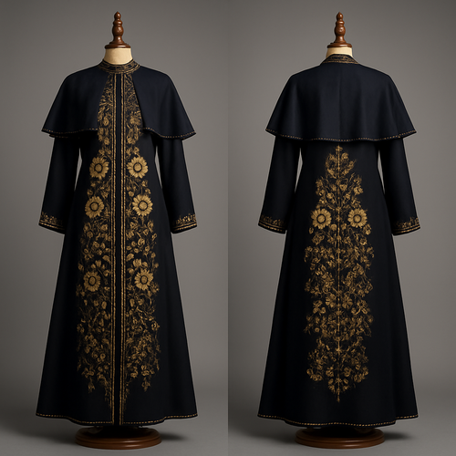 ‏‑
‏"Full‑length modern abaya with detachable shoulders Taif roses and micro Kashmiri motifs, cape edge trimmed with small pearls, delicate gold thread highlights, contrast navy organza cape, embroidery extends visibly to the ankle, shown on an elegant carved wooden mannequin, photorealistic, couture product photography style, crisp details, studio lighting, full‑length view."

