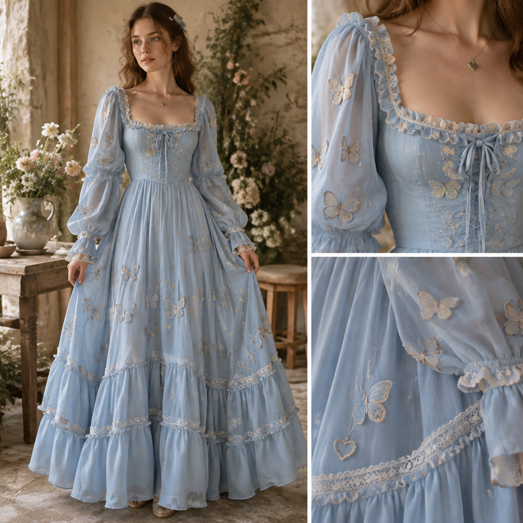 A Female Dress design, suitable for Fall, in Cottagecore style. فستان لون ازرق سماوي هادي وأنيق لكن الو بهجته
يكون مثب الفراشة
القلب. Israel fashion aesthetics. Present it as professional fashion catalogue photography: the garment is the subject, shown full-length with editorial styling, neutral posing and tasteful, non-suggestive framing.
photorealistic fashion design, A Female Dress design, suitable for Fall, in Cottagecore style. فستان لون ازرق سماوي هادي وأنيق لكن الو بهجته
يكون مثب الفراشة
القلب. Israel fashion aesthetics. Present it as professional fashion catalogue photography: the garment is the subject, shown full-length with editorial styling, neutral posing and tasteful, non-suggestive framing., cottagecore style, just the design no text