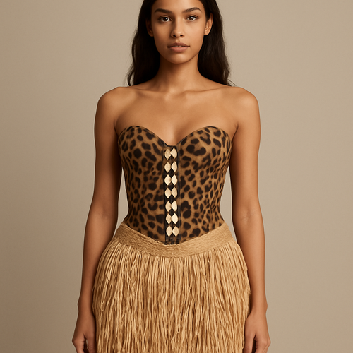 Raphia skirt
Leopard corset with cowries 


