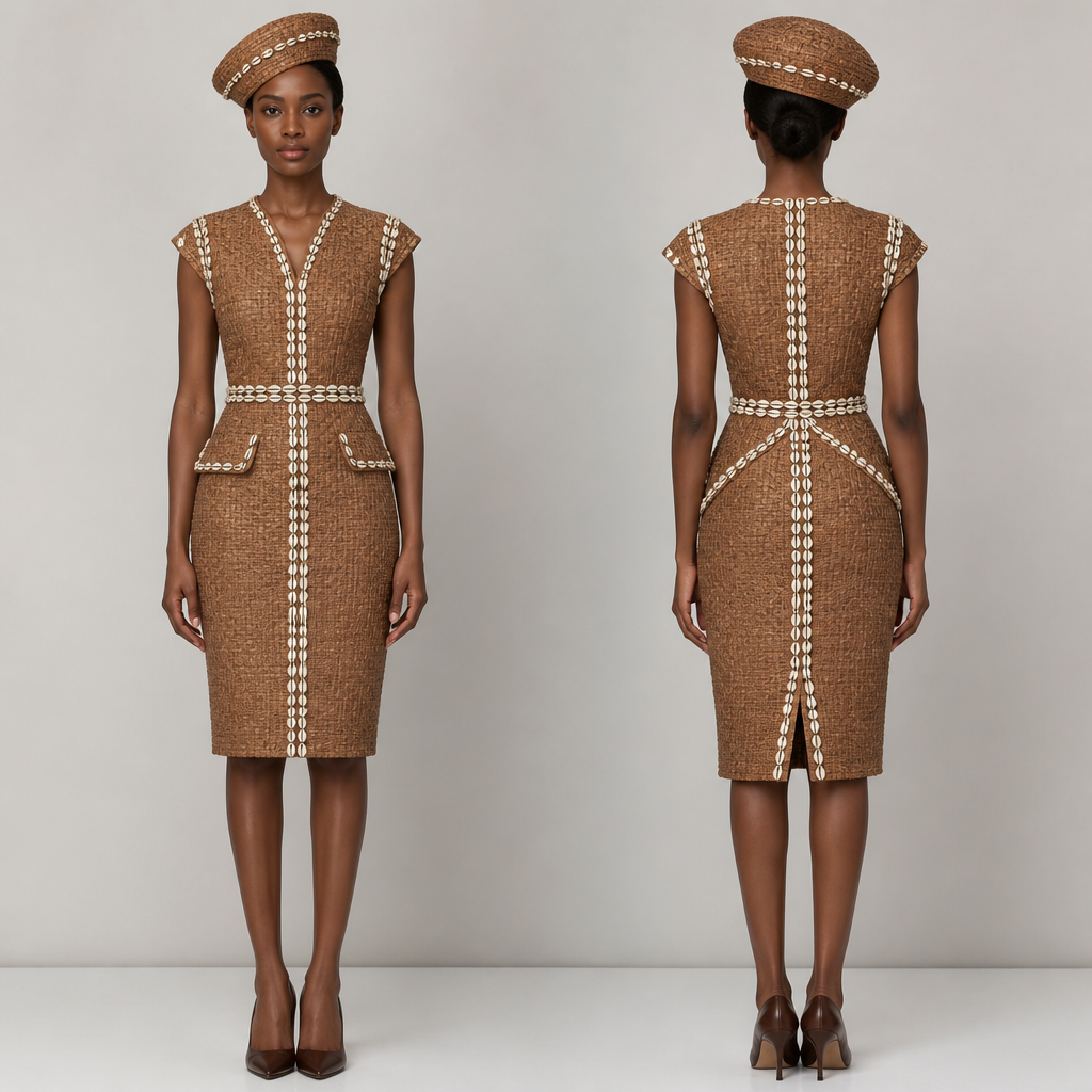 Robe hôtesse tissue en paille
avec cauris Et un chapeau style hôtesse couleur marrone
photorealistic fashion design, Robe hôtesse tissue en paille
avec cauris Et un chapeau style hôtesse couleur marrone , business style, just the design no text, show front and back