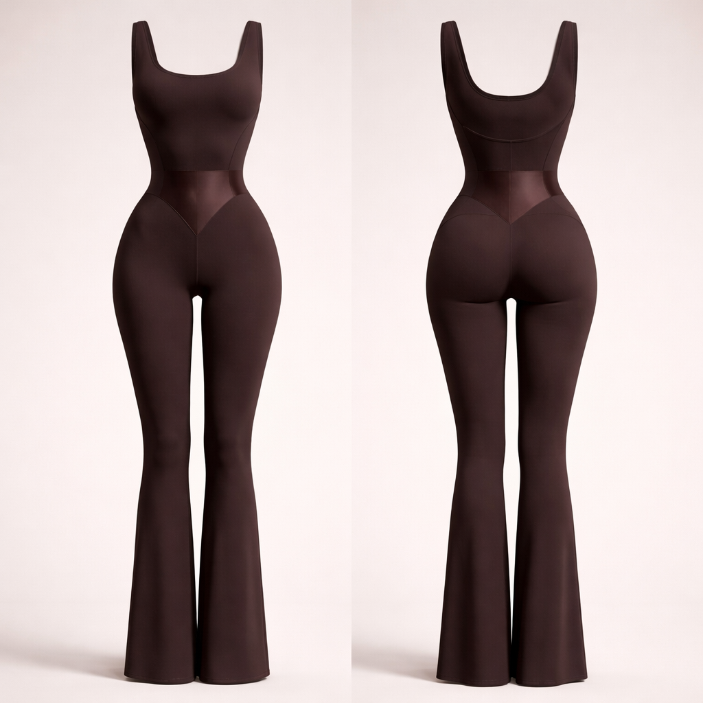 Ultra-realistic fashion design render of a women’s sculpting full-length slim bootcut flare jumpsuit in deep matte chocolate brown.
The main body fabric is a matte luxury performance knit composed of 75% nylon / 25% spandex, 250–300 GSM, 4-way stretch, squat-proof, soft-touch finish with high recovery. The fabric must have a smooth, brushed matte surface — no coating, no laminate, no vinyl, no PU finish.
The garment features completely invisible built-in shapewear and hidden internal bra support. The exterior must appear smooth and seamless with no visible bra lines, no visible cups, and no indication of inner structure. The bra support is fully integrated inside the garment.
High-waisted silhouette with strong waist-snatching compression built into the inner layer. Internal power mesh shaping layer from under bust to upper hip only. Firm lower abdomen control. Seamless exterior finish.
Sharp sculpted V-contour seam construction at the waistline (front and back), designed to visually taper the midsection and enhance an hourglass silhouette. Side seams curve inward at the natural waist before flaring outward at the hips for maximum waist emphasis.
⸻
✨ Center Corset Panel Material Detail
The V-shaped center waist panel (between the contour seams) remains the same chocolate brown color but uses a higher-sheen nylon-spandex performance knit (75% nylon / 25% spandex) with a subtle satin finish.
The gloss must be:
• Yarn-based sheen (not coated)
• No PU, latex, vinyl, or laminated finish
• Soft and flexible
• Fully stretchable
• Durable and non-peeling
The contrast between matte body fabric and slightly satin-sheen center panel should create a refined sculpted corset illusion under studio lighting. The gloss level should be elegant and dimensional — not wet-look, not latex, not faux leather.
⸻
Deep V-shaped contour waistband in the back, subtle tonal glute contour seam, and hidden under-glute compression lift band for natural lifting effect (no scrunch).
Slight bootcut flare from knee down. Wide supportive straps (3–4 cm), clean modern neckline (scoop or square), no bra-like detailing visible.
High-end minimal athleisure aesthetic. Quiet luxury finish. Tone-on-tone stitching. Professional studio lighting. Front and back view. Neutral background.
Ultra-realistic fashion design render of a women’s sculpting full-length slim bootcut flare jumpsuit in deep matte chocolate brown.
The main body fabric is a matte luxury performance knit composed of 75% nylon / 25% spandex, 250–300 GSM, 4-way stretch, squat-proof, soft-touch finish with high recovery. The fabric must have a smooth, brushed matte surface — no coating, no laminate, no vinyl, no PU finish.
The garment features completely invisible built-in shapewear and hidden internal bra support. The exterior must appear smooth and seamless with no visible bra lines, no visible cups, and no indication of inner structure. The bra support is fully integrated inside the garment.
High-waisted silhouette with strong waist-snatching compression built into the inner layer. Internal power mesh shaping layer from under bust to upper hip only. Firm lower abdomen control. Seamless exterior finish.
Sharp sculpted V-contour seam construction at the waistline (front and back), designed to visually taper the midsection and enhance an hourglass silhouette. Side seams curve inward at the natural waist before flaring outward at the hips for maximum waist emphasis.
⸻
✨ Center Corset Panel Material Detail
The V-shaped center waist panel (between the contour seams) remains the same chocolate brown color but uses a higher-sheen nylon-spandex performance knit (75% nylon / 25% spandex) with a subtle satin finish.
The gloss must be:
• Yarn-based sheen (not coated)
• No PU, latex, vinyl, or laminated finish
• Soft and flexible
• Fully stretchable
• Durable and non-peeling
The contrast between matte body fabric and slightly satin-sheen center panel should create a refined sculpted corset illusion under studio lighting. The gloss level should be elegant and dimensional — not wet-look, not latex, not faux leather.
⸻
Deep V-shaped contour waistband in the back, subtle tonal glute contour seam, and hidden under-glute compression lift band for natural lifting effect (no scrunch).
Slight bootcut flare from knee down. Wide supportive straps (3–4 cm), clean modern neckline (scoop or square), no bra-like detailing visible.
High-end minimal athleisure aesthetic. Quiet luxury finish. Tone-on-tone stitching. Professional studio lighting. Front and back view. Neutral background.
, show front and back