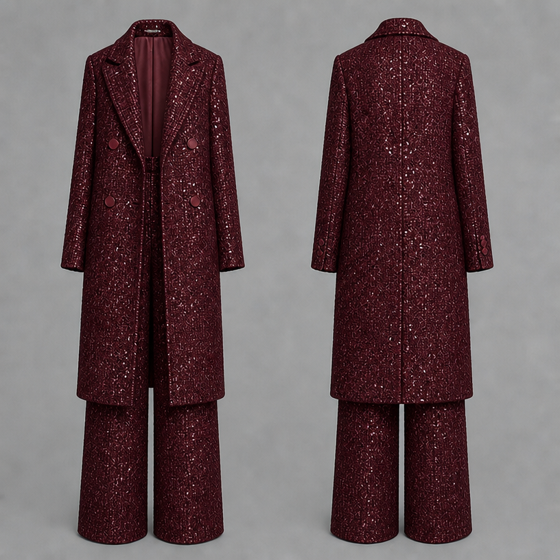 Make this in burgundy sequins tweed
edit the attached fashion design with these instructions: Make this in burgundy sequins tweed. keep it photorealistic, just the design no text