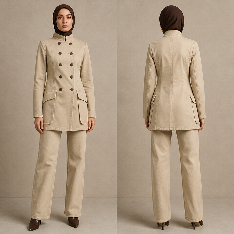 Change the set to beige and the buttons keep them brown
edit the attached fashion design with these instructions: Change the set to beige and the buttons keep them brown. keep it photorealistic, just the design no text