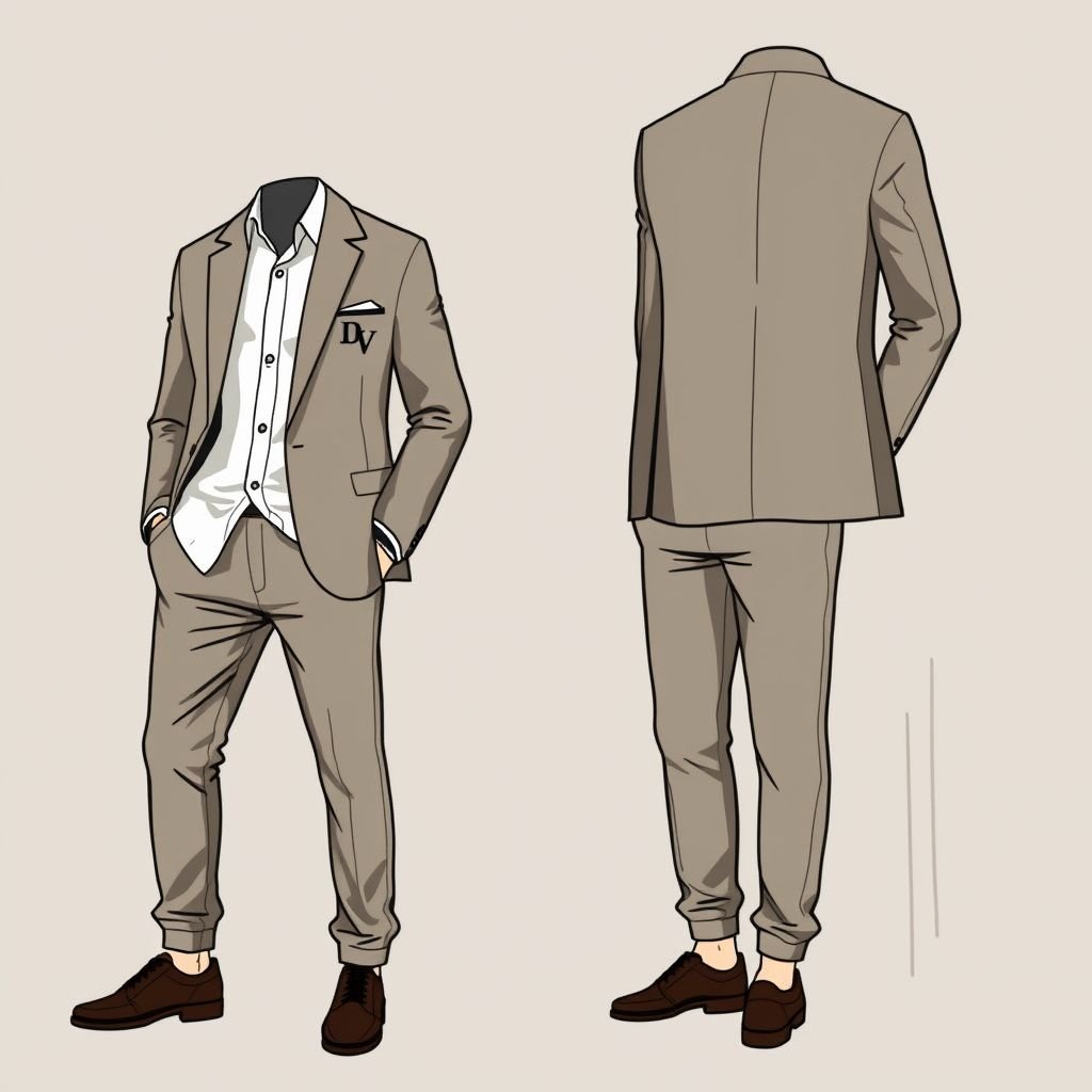 Men’s suit, unique, with “DV” on it
Design a casual men's suit that blends sophistication with relaxed elegance. Incorporate soft, breathable fabrics in a muted color palette. The jacket features a tailored fit, with a subtle “DV” monogram embroidered on the chest pocket. Pair it with comfortable jogger-style trousers, ensuring versatility for both smart and relaxed outings.