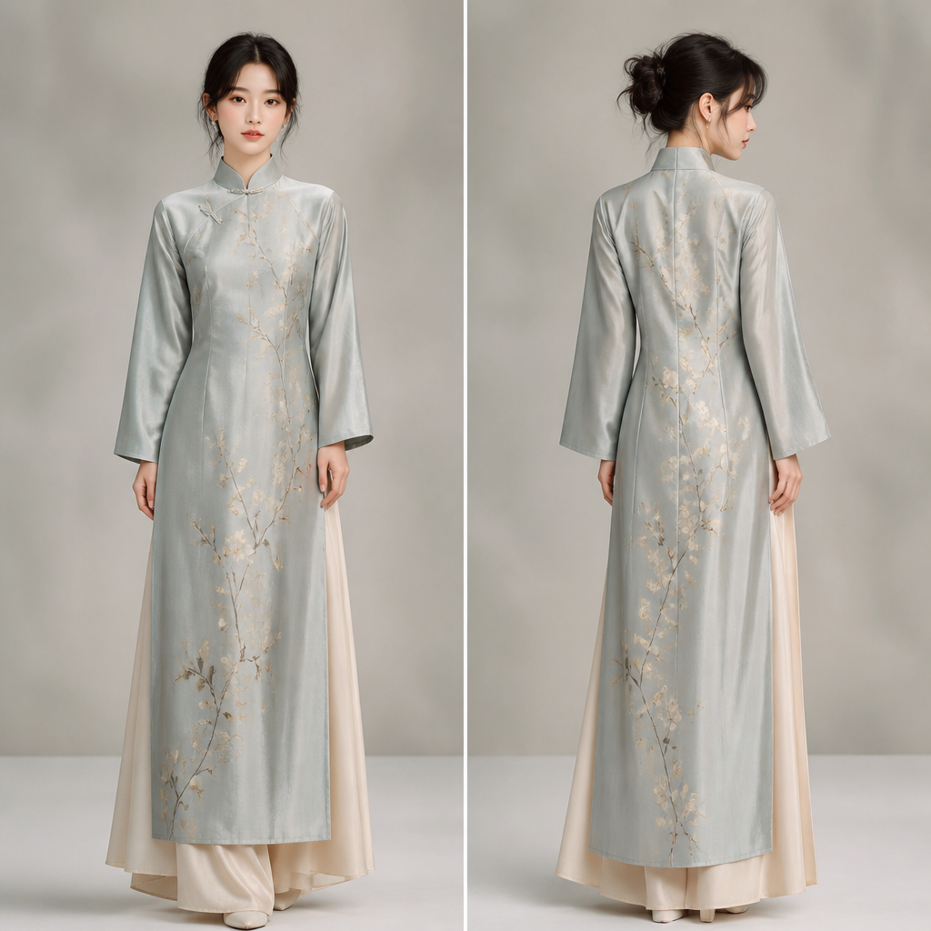 A Female Ao Dai design, made of Silk, with a light, flowing drape, with modest, full coverage: longer hemlines, higher necklines and covered shoulders, suitable for Fall, in Korean Fashion + Japanese Street + Asian style, shown on a model with fair skin and a petite figure. Russia fashion aesthetics. Present it as professional fashion catalogue photography: the garment is the subject, shown full-length with editorial styling, neutral posing and tasteful, non-suggestive framing.
photorealistic fashion design, A Female Ao Dai design, made of Silk, with a light, flowing drape, with modest, full coverage: longer hemlines, higher necklines and covered shoulders, suitable for Fall, in Korean Fashion + Japanese Street + Asian style, shown on a model with fair skin and a petite figure. Russia fashion aesthetics. Present it as professional fashion catalogue photography: the garment is the subject, shown full-length with editorial styling, neutral posing and tasteful, non-suggestive framing., korean_fashion style, just the design no text, show front and back