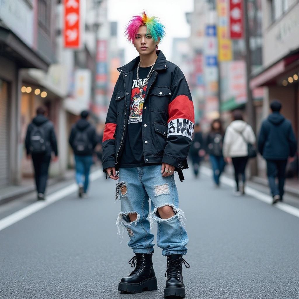 Oriental homme
Harajuku fashion: Oriental homme, punk influences, oversized jacket, ripped jeans, platform boots, bright hair, graphic t-shirt.