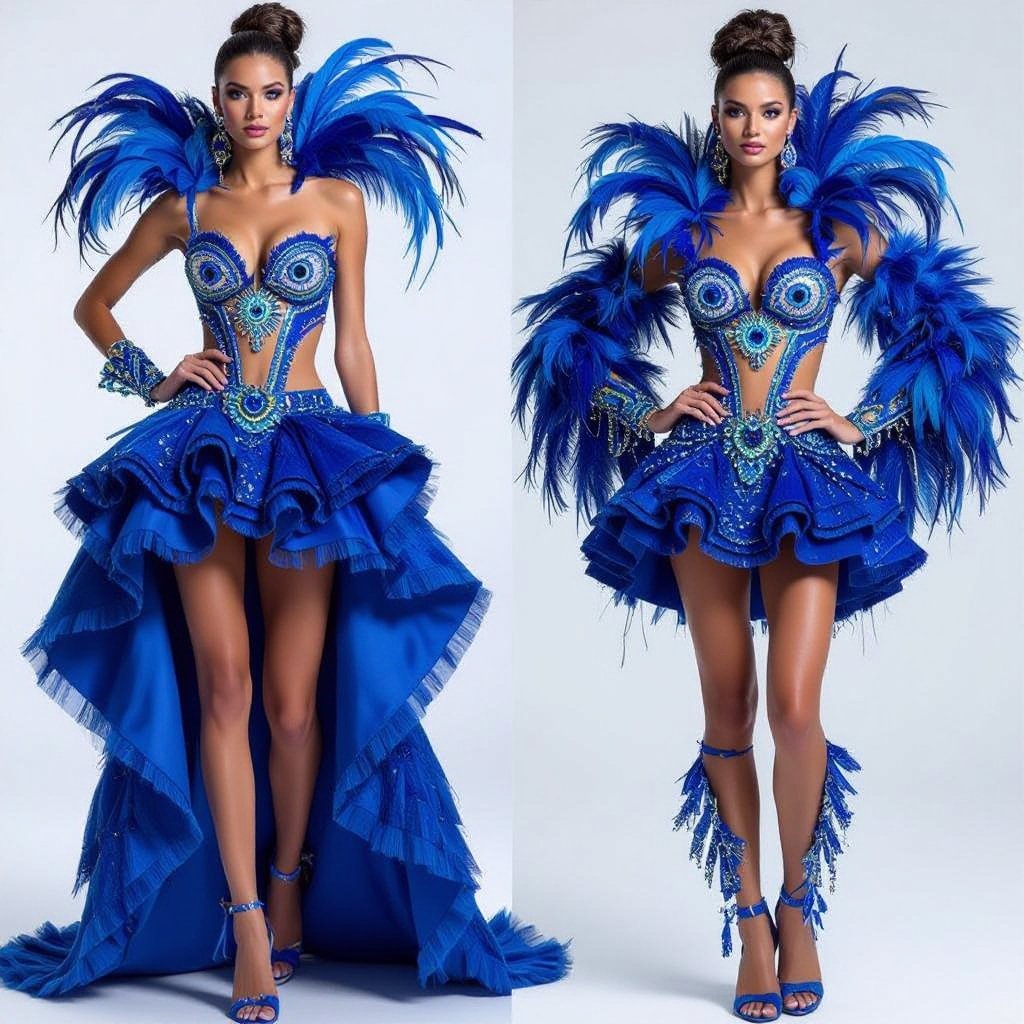 Hi can you create a Brazil carnival outfit , the theme is evyl eye and we using blue . Any color of blue you want to create with . Use also feathers .
Create a Brazil Carnival outfit with an evil eye theme. Use various shades of blue, incorporating feathers. The design should feature a structured bustier top and a high-low skirt for dynamic movement. Accent with sequin and bead embellishments to reflect light.