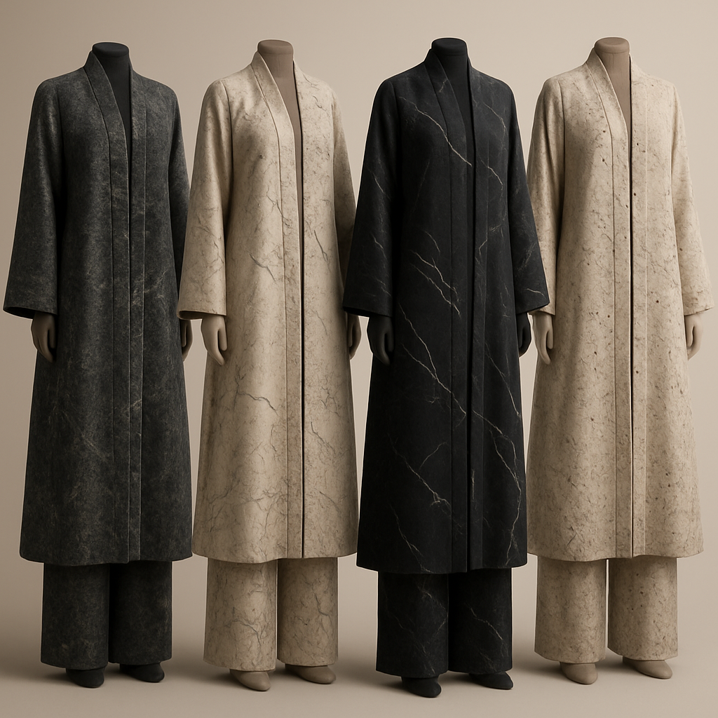 Create a modest abaya and loose pant, first of its kind, featuring a unique stone design that exudes a classy and sophisticated vibe. I'd like four designs, each showcasing different styles and fabrics. Incorporate high-end, unique chic stone designs to make them truly special. Add little sophisticated stone designs. Make it irresistible with designs that stands out.
Create a modest abaya and loose pant, first of its kind, featuring a unique stone design that exudes a classy and sophisticated vibe. I'd like four designs, each showcasing different styles and fabrics. Incorporate high-end, unique chic stone designs to make them truly special. Add little sophisticated stone designs. Make it irresistible with designs that stands out.