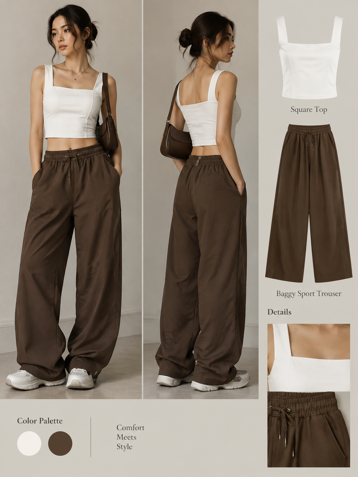 white scuare top with a brown bagy sport trouser
white scuare top with a brown bagy sport trouser